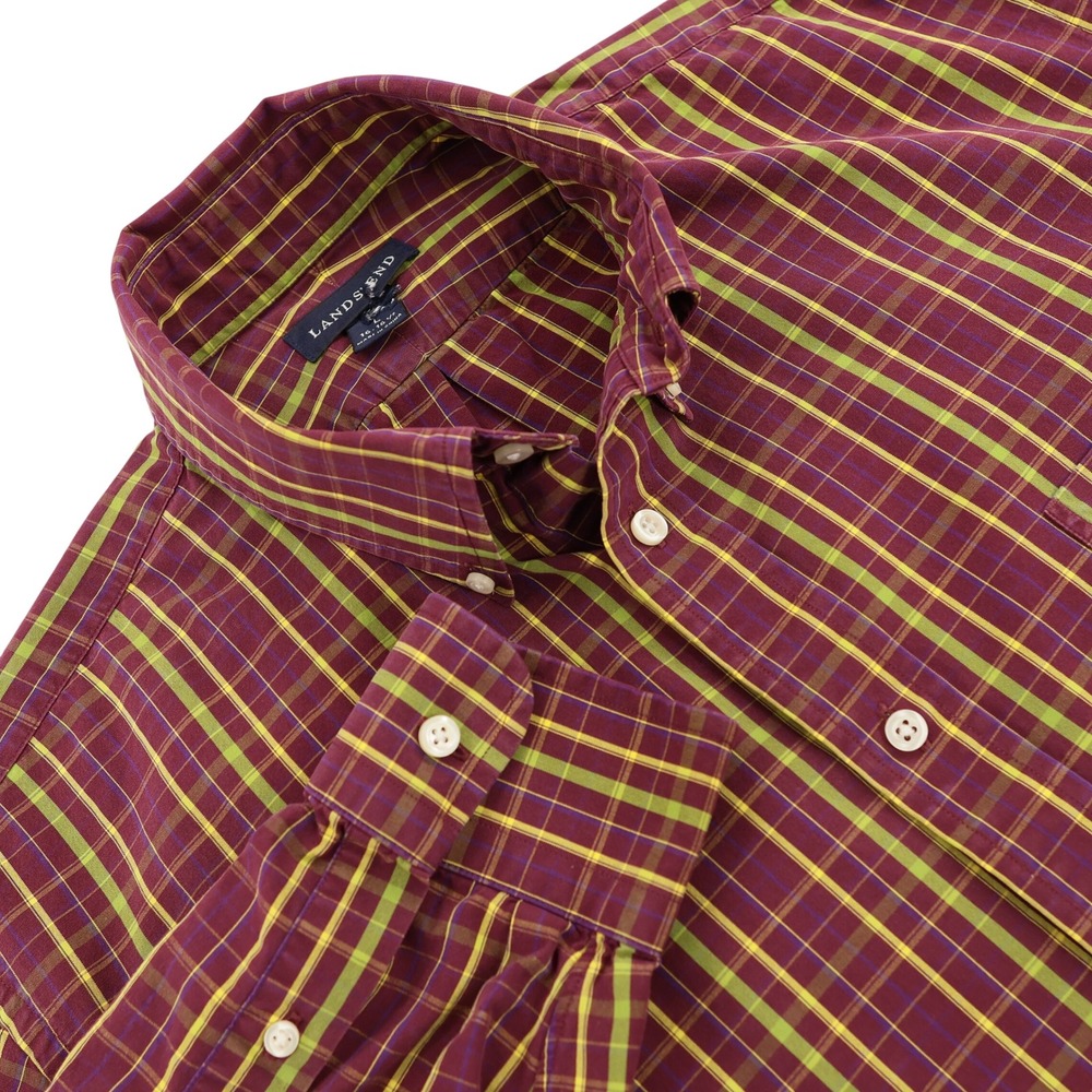 Lands End Mens Large Plaid Button Down Shirt Burgundy Green Yellow Long Sleeve